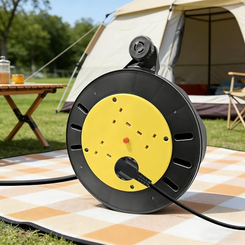 4 Socket Aluminium Cable Reel 10m, Outdoor Heavy Duty Extension Lead with Thermal Cut Out & Winding Handle, 13A UK Plug for Garden, Garage & Home Use