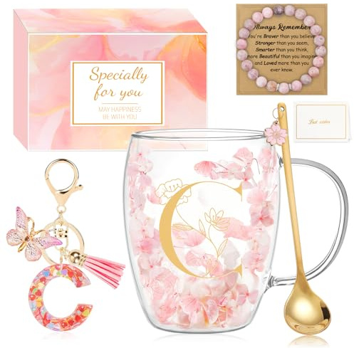 MOTONG Birthday Gifts for Women Glass Coffee Mug, Double Wall Espresso Tea Cups with Letter C Printing, Personalised Gifts for Women Ladies Christmas Valentine's Day Mother's Day with Spoon Bracelet
