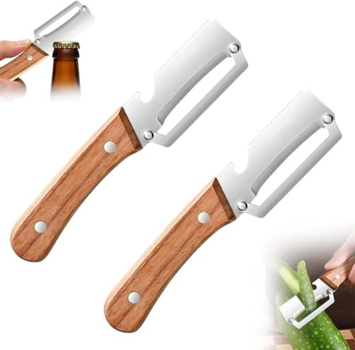 Pelapatate Multifunzionale per Cucina, Pelapatate Di Alta Qualità Con Manico in Legno E Apribottiglie, Impugnatura Ergonomica in Legno Sbucciatore per Frutta e Verdura, Utensili da Cucina (2Pcs)