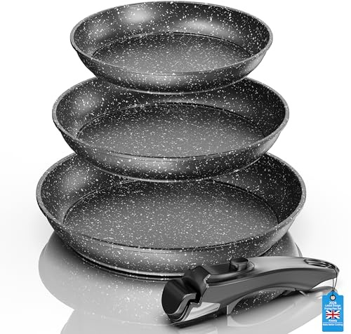 Kiseely 3 piece Non-Stick Induction Pan Set, Frying Pan with Detachable Handle, Induction Hob Pan, Cookware All Hobs with Removable Handle, Healthy and Non-Toxic, Easy Cleaning (Dark Black)