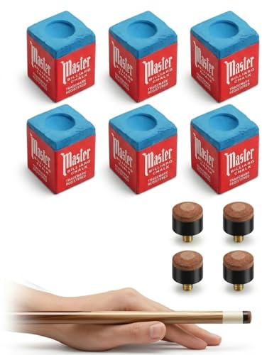 DLPRK 6 Tizas de Billar con 2 Clips para Tacos y 4 Puntas de Repuesto - Set de Accesorios de Billar Profesional para Mantenimiento de Tacos y Precisión en Golpes
