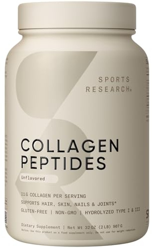 Sports Research Collagen Peptides - Hydrolyzed Type 1 & 3 Collagen Powder Protein Supplement for Healthy Skin, Nails, & Joints - Easy Mixing Vital Nutrients & Proteins, Collagen for Women & Men