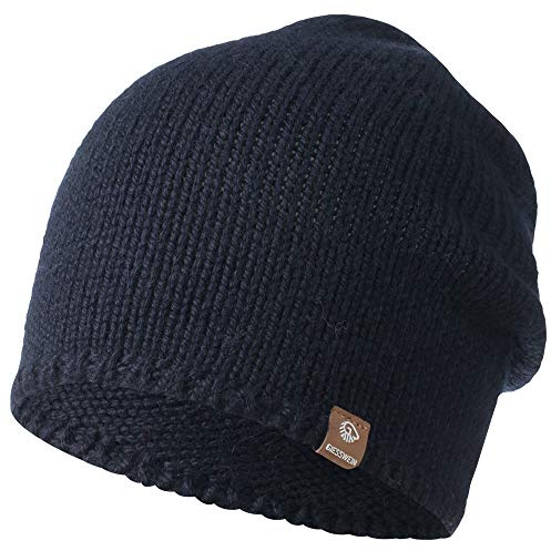Giesswein Hohloh Mössa – löst stickad mössa för kvinnor och män, lång hängande beanie av merinoull, unisex merinoullsmössa, en storlek, dk.blå, En Storlek