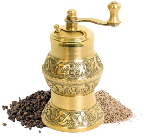 Sozen 11.9cm Istanbul Manuelle Pfeffermühle Messing - Handgefertigte türkische Pfeffermühle, konische Grat Gewürzmühle, tragbare Handkurbelmühle für Salz, Pfefferkörner und andere Gewürze mit