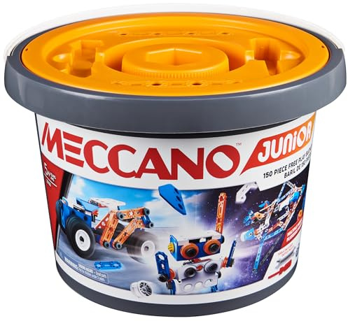 MECCANO Junior, 150-Piece Bucket STEAM Model Building Kit for Open-Ended Play, Festive Christmas STEM Toys, Gift Ideas for Kids Aged 5 and up,Grey