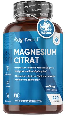 Magnesiumcitrat gepuffert - 240 vegane Kapseln - 444mg Elementares Magnesium pro Portion - 4 Monate Vorrat - Magnesium Citrate Capsules - Alternative zu Tabletten oder Pulver - von WeightWorld