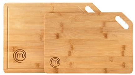 MasterChef Lot de 2 Planches à Découper Bois, Pour Préparer, Trancher, Découper et Servir, Planches Reversibles avec Rous de Suspension et Rainure À Jus, Dimensions : 38,5 x 27,5cm / 34 x 23,5cm