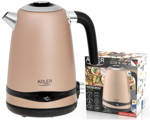 Adler AD1295 Hervidor Agua Eléctrico, Vintage, 1,7 L, sin BPA, Pantalla LCD, de Control de Temperatura, Acero Inoxidable, Inalámbrico, Resistencia Oculta, Apagado Automático, 2200W, Color Champagne