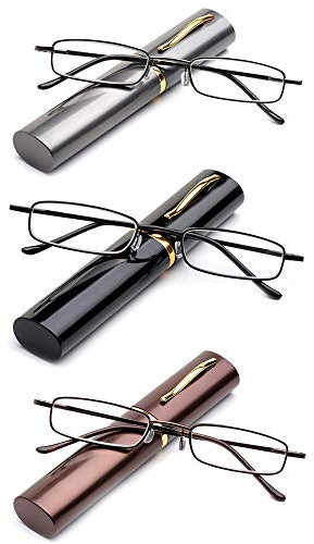 MMOWW 3 pares de gafas de lectura ultrafinas con forma de bolígrafo, con bisagras de resorte, lectores pequeños para hombres y mujeres, portalápices portátil (negro+marrón+gris, 2.00)