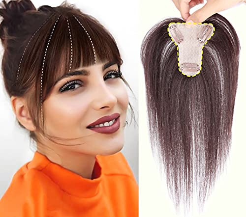 EREE HAIR Damen Toupet Clip in Straight Hair Topper mit Pony Top Topper Haarverlängerung Echthaar Ersatz Wiglet Haarteile für dünner werdendes Haar, 30,5 cm, Dunkelbraun