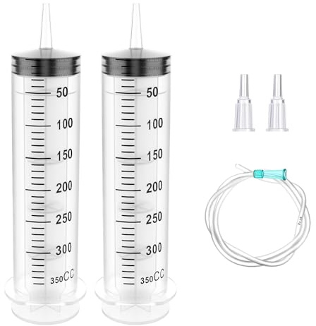 GOLDEROC 2 sprutor 300 ml/350 ml, spruta med slang, återanvändbara plastsprutor för laboratorium, trädgård, djurmat och industri (350 ml X2)