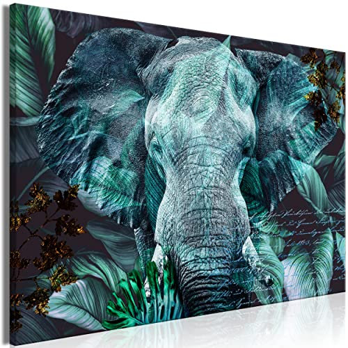 decomonkey Bilder Elefant Abstrakt 90x60 cm 1 Teilig Leinwandbilder Bild auf Leinwand Vlies Wandbild Kunstdruck Wanddeko Wand Wohnzimmer Wanddekoration Deko Blätter Tiere Aufschrift blau