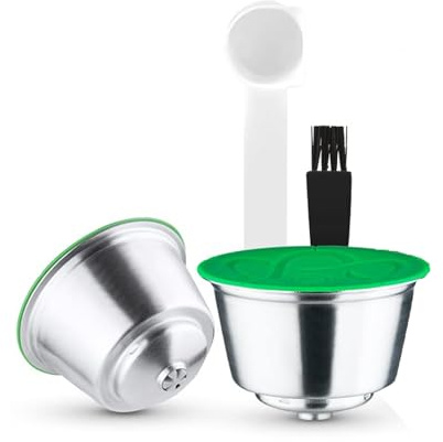 Capsules rechargeables Filtres à dosettes de café réutilisables compatibles avec les brasseurs Dolce Gusto avec cuillère et brosse (2 Capsules)