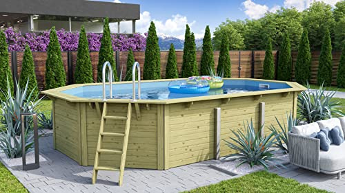CHILLROI® Achteckiger Holzpool länglich, 568,5 x 357,5 x 124 cm, Modell 1 X Folie blau Inkl. Zubehör und Pool Leitern