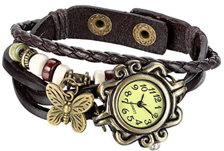 Avaner Vintage Armbanduhr mit handgeflochtenen Blättern Eule Schmetterling Anhänger Herren Damen Uhr Analog Quarzuhr Leder Armbänder für Frauen Männer