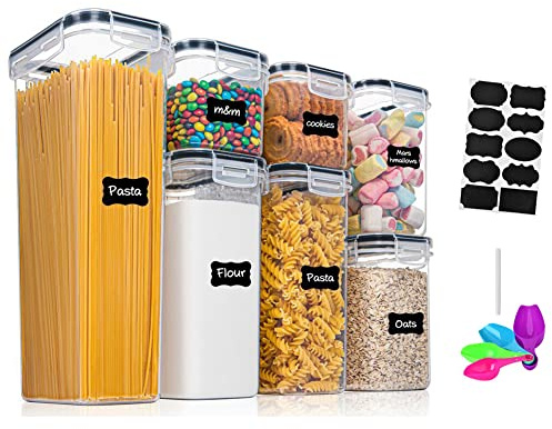 7Pcs Cereal Storage Containers Set Plastic Airtight Food Storage Container Kitchen Storage Containers with Lids,Reusable Labels,Marker,Spoon Ideal for Flour Cereal Spaghetti Pasta 3.1L 2.1L 1.6L 1.0L