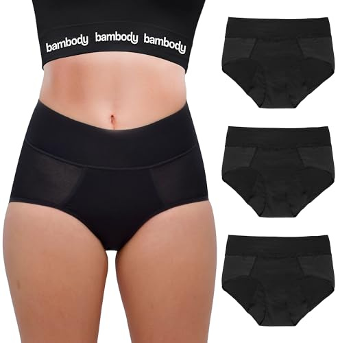 Bambody Bragas absorbentes, ropa interior menstrual para mujer, menstrual, posparto, ropa interior suave, cómoda y transpirable, talla XS, paquete de 3, color negro, Negro -, XS