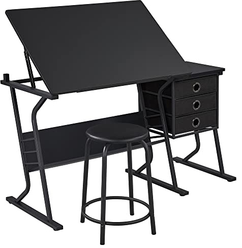 costoffs Drafting Table Lockable Tiltable Desktop with Drawers & Stool Set