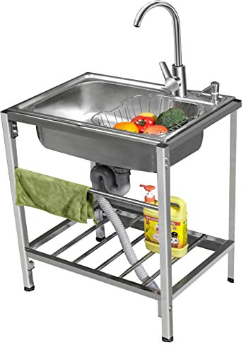 Lavello da cucina in acciaio inossidabile a una vasca Lavamani per uso domestico con rotazione a 360 ° Rubinetto caldo e freddo per lavanderia, cortile, garage, cantina, esterno
