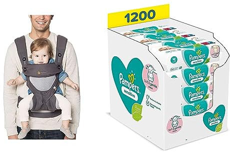 ERGObaby Babytrage bis 20kg, 360 Star Dust 4-Positionen Baby-Tragesystem & Pampers Sensitive Baby Feuchttücher, 1200 Tücher (15 x 80)