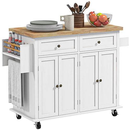 HOMCOM Kitchen Island Cart with Rubber Wood Top, Rolling Kitchen Island Table on Wheels with Drawers, Adjustable Shelves, Spice Rack and Towel Rack for Dining Room, Distressed White