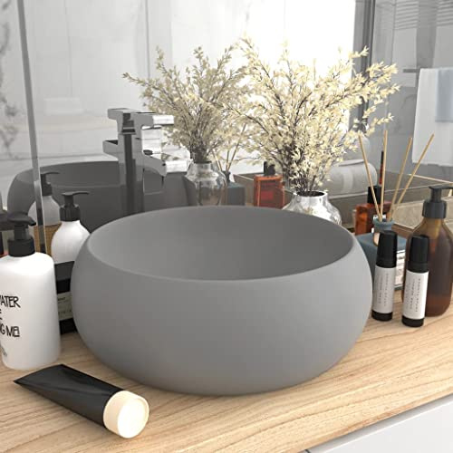 FOZICV LuxuriöSes Waschbecken Rund Matt Grau 40x40x15 cm Keramik Aufsatzwaschbecken Rund Spülbecken Rund Lavabo Aufsatzwaschtisch Badmöbel Washbasin Bathroom Sink