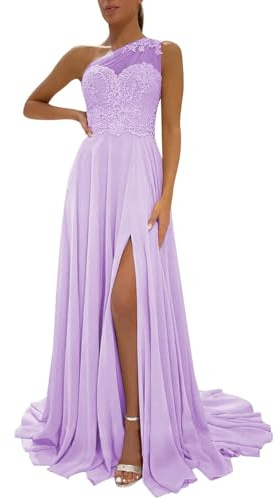 HPPEE One Shoulder Lilac Bridesmaid Dresses for Women with Slit Lace Chiffon Long Formal Evening Dress Party Gown UK10