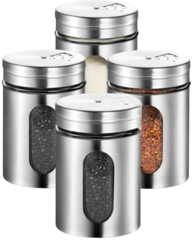 GOOHERA 4-Piece Salt and Pepper Shakers Set, 100mL (3.38oz) Each – Premium Stainless Steel Spice Dispensers with Adjustable Pour Holes – SILVER