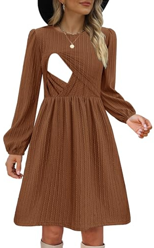 CzzzyL Women Nursing Ruffle Long Sleeve Breastfeeding Dress Round Neck A-Line Type Flowy Loose Fitting Pregnancy Spring(Brown,Medium)