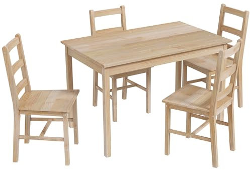 HOMCOM 5-TLG. Essgruppe, platzsparend Esstisch-Set, Esstisch mit 4 Stühlen, Rechteckig Esszimmergruppe aus Massivholz, für Wohnzimmer, Küche, Esszimmer, Natur