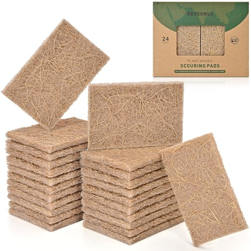 BESSONLE 24 Pack Natural Scouring Pads - Heavy Duty Scrubbing Pads for Dishes - Non-Scratch - Reusable - Natural, Eco-Friendly, Biodegradable Sisal Fibers Sponges for Dishes, Compostable