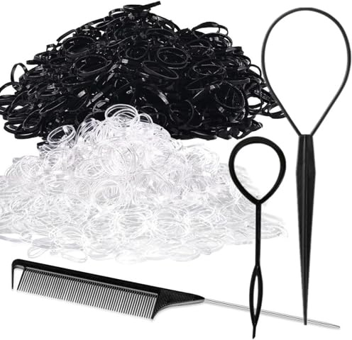 1000PCS Elastic Hair Bands, Small Hair Bands with 2 Hair Braid Tools and Tail Comb for Kids, Braids, Wedding Hairstyles
