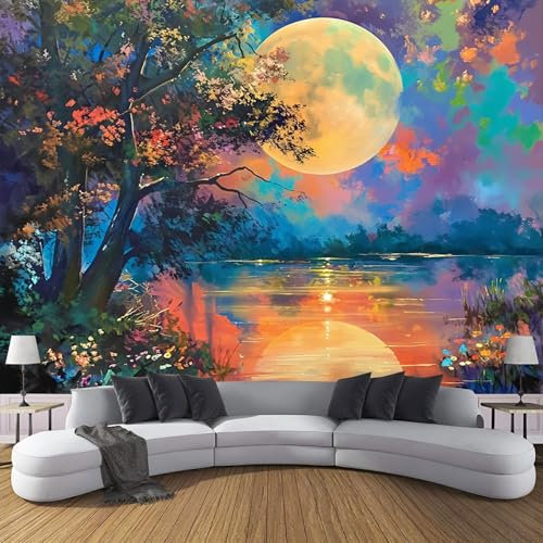 MIATCENRT Papier Peint Panoramique Lune Lac, 308X220Cm (L×H) Photo Mural Tissu De Soie, Forêt Enchantée Poster Tapisserie Mural Personnalisé 3D Pour Salon Chambre Décoration Murale