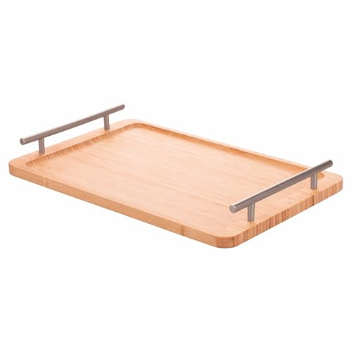 Bandeja Rectangular de bambú, 40 x 25 cm, Asas Plateadas, Natural