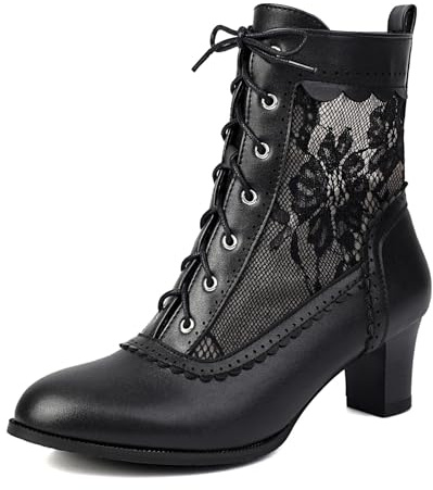 CRETUAO Botines victorianos de Encaje para Mujer, cómodos, con Punta Redonda, para Boda, Novia, tacón de Gatito, para Fiesta, Botas Retro de tacón bajo con Cordones