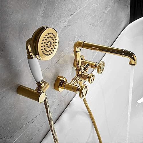 Robinetterie Baignoire Douche Systèmes Robinetterie Baignoire Ensemble Douche Ensemble Douche Mélangeur Baignoire Robinetterie Double Contrôle Paroi Douche Montage Mural Pour Salle De Bain Or-Blanc_O