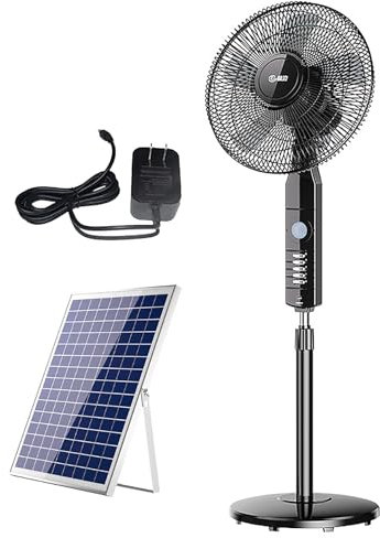 Ventilatore a piantana solare, ventilatore da pavimento oscillante, ventilatore da terra for uso industriale, commerciale, residenziale, garage, nero; ventilatore da campeggio(Manual model)