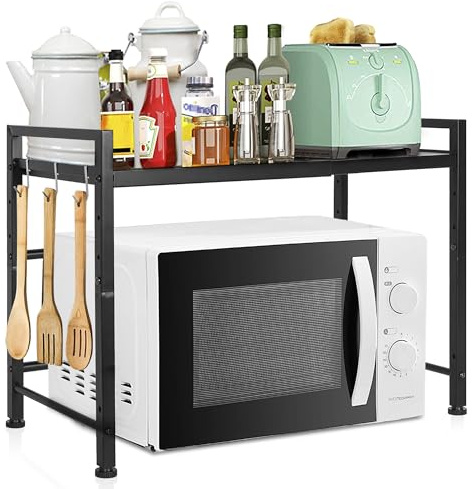 Expandable Microwave Oven Rack | Height-Adjustable Microwave Shelf | 2-Tier Microwave Stand with Hooks | Foldable Kitchen Countertop Organiser for Toasters |Non-Slip Microwave Storage Rack(Black)