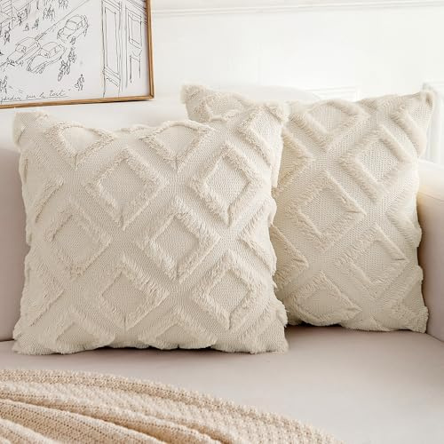 TOCOMOA 2er Set Boho Kissenbezug 45x45, Flauschig Zierkissen Kissenbezüge | Beige, in Wolle, Dekorative Sofakissen Kissenhülle aus Polyester, Dekokissen Bezug für Sofa Schlafzimmer