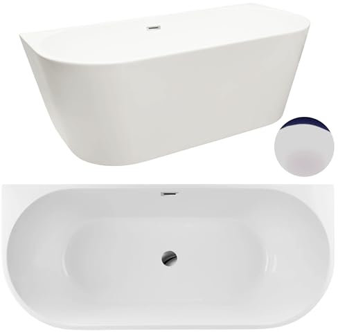 Aquauno - Baignoire autoportante en acrylique sanitaire de qualité supérieure - 150 x 75 cm - Avec bonde clic-clac, trop-plein, couvercle, bonde en chrome - Baignoire design