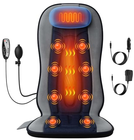 comrelax Vibration Back Massager for Chair with Heat, Massage Seat Cushion with Adjustable Neck Support Pillow & Heating Zones, Short Plush Cover Comfortable Pad for Office & Home