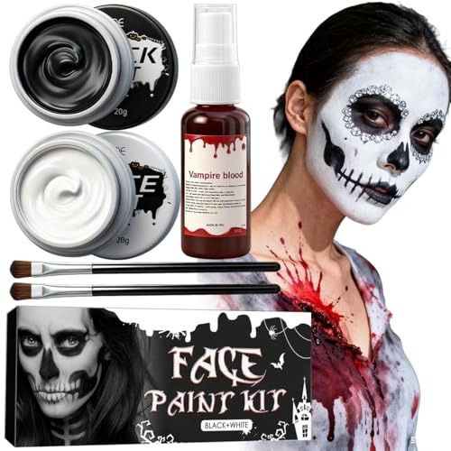 Karneval Schminke Schwarz Weiß, Karneval Schminke Set, mit Kunstblut für Vampir, Zombie & Clown Looks, für Fasching & Theater & Halloween, Faschingsschminke Schwarz Weiß