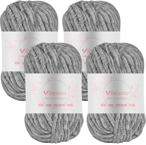 Vincona 4 x 100g Chenille Wolle zum Häkeln - Kuschelig und hautfreundlich，Garn zum Stricken und Häkeln - 100% Polyester – 4 x 120 m – Nadelstärke 5-6 Hellgrau