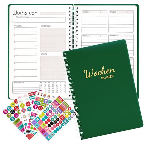 Fettwal Undatierter Wochenplaner, Terminplaner A5, Wöchentlicher Terminkalender mit To-Do-Liste, Notizfeld, 4 Aufkleber, 52 Blatt Terminplaner auf Deutsch Ringbuch mit Hardcover (Dunkelgrün)