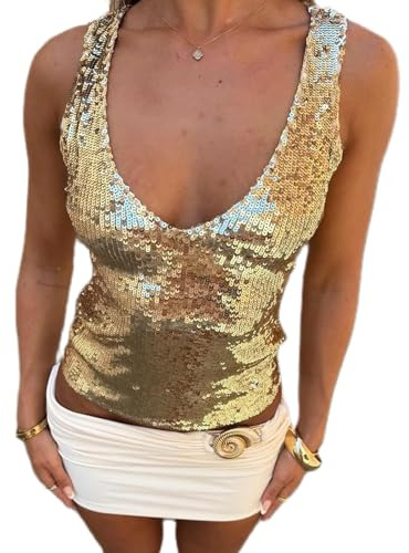 Lshyuehao Sequin Tank Tops for Women Sparkly Deep V Neck Sleeveless Crop Top Sexy Glitter Club Party Shirt Cami Vest (A-Gold, S)