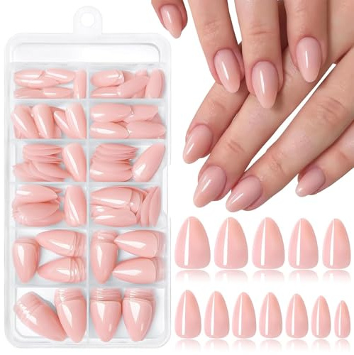 LunarCharm 240 Stück künstliche Fingernägel in Mandelform zum Aufkleben, kurze künstliche Fingernägel aus Acryl, Vollabdeckung, für Damen und Mädchen, 12 Größen, Nude Pink
