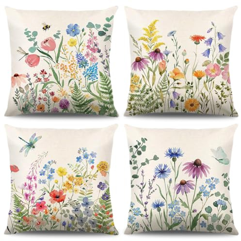 4 Stück Frühling Kissenbezug 40x40 cm,Kissenbezüge Frühlingsblumen,Frühlingsdeko Kissen Kissenhülle Leinen, Blumen,Vögel,Wildblumen,Schmetterlinge,Tulpen,für Schlafzimmer Wohnzimmer Sofas Deko (B)