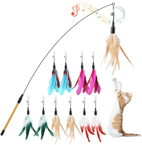 Pawaboo Jouet interactif pour Chat Baguette à Plumes 1 Baguette+10 Plumes | Jouet canne à plumes pour chat – Baguette extra-longue (34,5 po) pour jeu et exercice, Multicolore