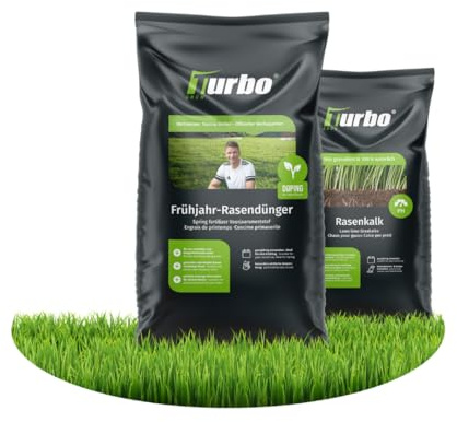 turbogrün® Rasendünger und Rasenkalk Bundle für 500 m² Rasenfläche | Staubarmes Granulat für Frühjahr und Sommer - kombiniert Düngen und Kalken, verdrängt Moos und ist für Streuwagen geeignet