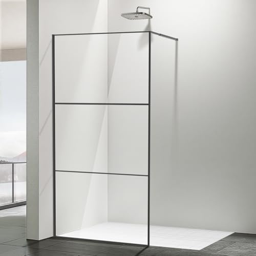 Monucep Parete doccia Walk in 100 x 200 cm, nero, in vetro di sicurezza monolastra da 5 mm, design a tre parti, telaio in alluminio, box doccia per doccia e piatto doccia